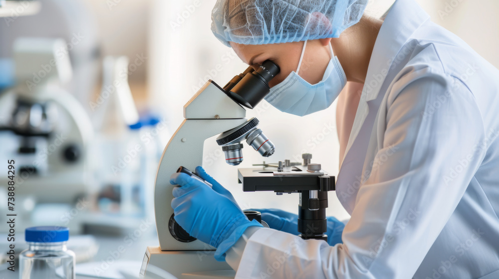 Poster scientist using a microscope in a laboratory setting, likely conducting research or analysis.