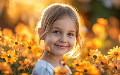 A young girl is standing in a field filled with bright yellow flowers. She is surrounded by a sea of vibrant colors, with the sun casting a warm glow on the scene