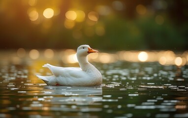 A photo capturing two white ducks peacefully floating on the calm surface of a lake. The ducks are serene as they glide effortlessly through the water, creating gentle ripples
