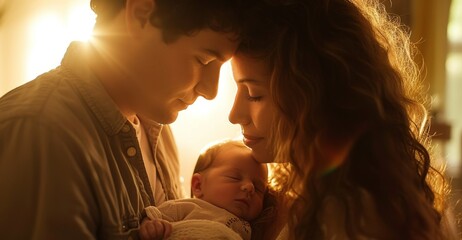 A photo showing a man and woman of different ethnicities holding a baby in their arms, displaying love and family bonding