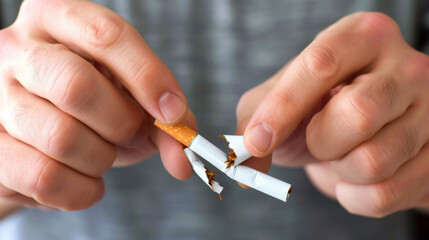 close-up of a person breaking a cigarette in half, with smoke rising from the broken ends, indicating a concept of quitting smoking.