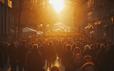 A diverse crowd of multiracial people walking down a busy city street at sunset, with buildings and...