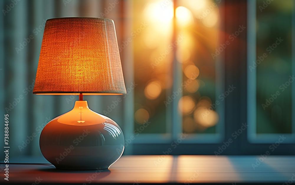 Aufkleber a photograph showing a lamp positioned on a table next to a window, casting a soft glow into the roo