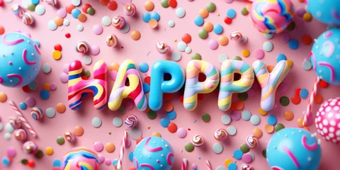 Foto op Canvas Text happy made from from 3 d letters shaped sweet candy on white paper background. Positive birthday party colorful background. © mshynkarchuk