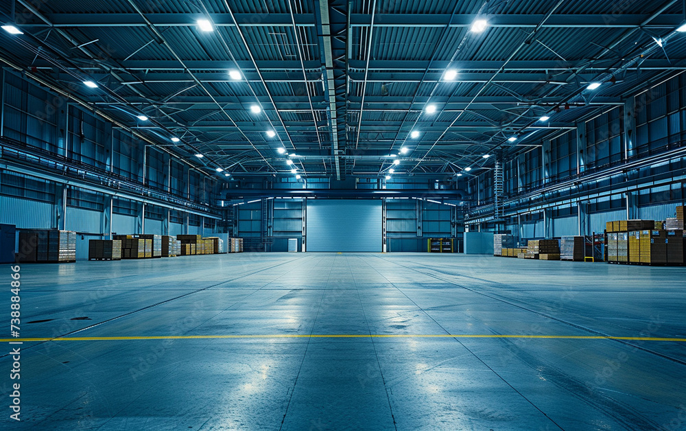 Aufkleber an empty warehouse with bright lights shining down from the ceiling, illuminating the vast space dev