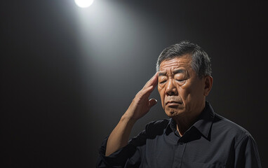A man of mixed race is shown in the photograph, holding his head with his hands while standing in front of a bright light source. The image captures a moment of contemplation and introspection