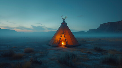 Twilight Solitude in the Desert: A Captivating Digital Artwork of a Lone Teepee Under a Star-filled Sky