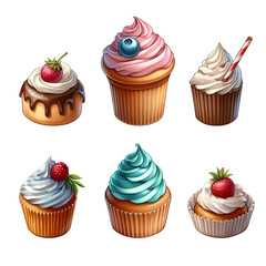 Cupcakes on a white background. Isolated. Different cartoon cupcakes set. Delicious muffins collection