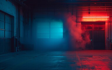 This photograph depicts a dark room with smoke billowing out of it, creating a mysterious and eerie atmosphere. The smoke fills the space, making it difficult to see what lies within the room