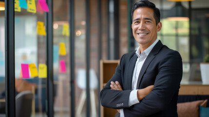 Naklejka premium confident young businessman standing in an office with his arms crossed.