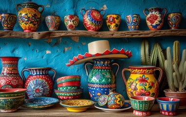 Fototapeta na wymiar A shelf filled with an assortment of vibrant vases and bowls in different shapes, sizes, and colors. The array of items creates a visually striking display that adds a pop of color to the room