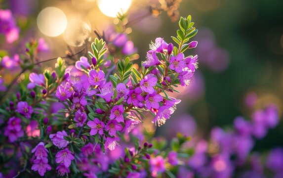 This close-up photograph showcases a bush with vibrant purple flowers in full bloom. The intricate details of the petals and leaves are captured, highlighting the beauty of nature