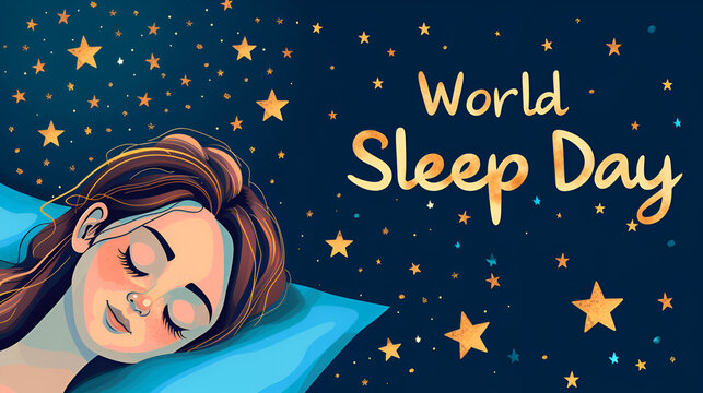 An illustration for World Sleep Day featuring a sleeping girl resting on a pillow