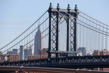 Manhattan Bridge and Empire State Building seen from Brooklyn New York  - obrazy, fototapety, plakaty