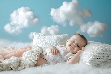 A blissful baby peacefully sleeps in a soft bed, surrounded by fluffy clouds