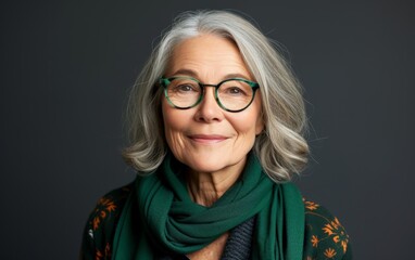 An older woman is depicted wearing glasses and a green scarf. She exudes a sense of confidence and style as she poses for the camera