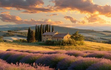 A photo of a field filled with blooming lavender flowers, with a distant house visible on the...