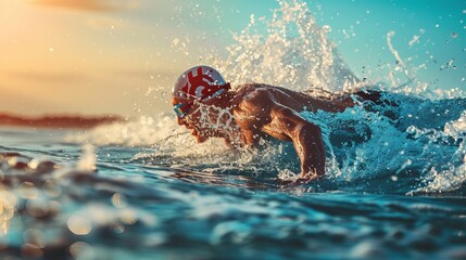 Dynamic Sunset Swim: Athlete in Action - 738886279