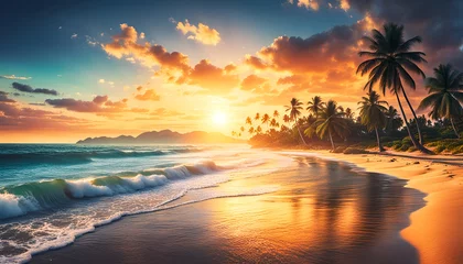 Rolgordijnen Abendrot oder Sonnenaufgang am Strand mit tropischen Palmen, einem Ozean oder Meer aus türkisen Wasser mit Wellen und einem weiten Himmel mit Sonne Wolken in bunten Farben schöner Urlaub Insel Küste © www.barfuss-junge.de