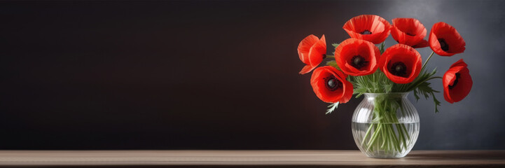 national Memorial Day, Valentine's Day, National Grandmothers Day, Mother's Day, bouquet of red poppies in a glass vase on a wooden table, dark gray background, horizontal web banner