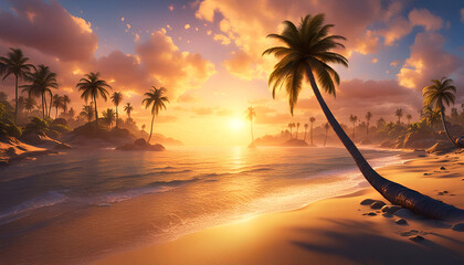 Abendrot oder Sonnenaufgang am Strand mit tropischen Palmen, einem Ozean oder Meer aus türkisen Wasser mit Wellen und einem weiten Himmel mit Sonne Wolken in bunten Farben schöner Urlaub Insel Küste - obrazy, fototapety, plakaty
