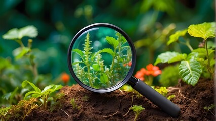studies in phytology, plant science, plant biology, or botany. Learn about gardening and agriculture. magnifying lens on a vivid background of natural plants - obrazy, fototapety, plakaty