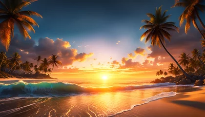 Tuinposter Abendrot oder Sonnenaufgang am Strand mit tropischen Palmen, einem Ozean oder Meer aus türkisen Wasser mit Wellen und einem weiten Himmel mit Sonne Wolken in bunten Farben schöner Urlaub Insel Küste © www.barfuss-junge.de