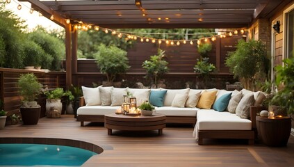 Imagine a luxurious wooden deck wrapping around a glistening, clear blue swimming pool. The sun is casting a warm glow, accentuating the rich, deep brown tones of the wood. - obrazy, fototapety, plakaty
