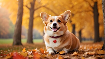 Happy Corgi dog on a broad web banner with an autumnal natural backdrop. Dog activities in the fall. Advice For Dogs During Fall. Getting the dog ready for fall walks and fireworks