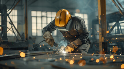worker in protective gear using a welding tool on metal, with sparks flying around in an industrial setting. - obrazy, fototapety, plakaty