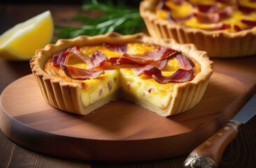 St. Patrick's Day, national Irish cuisine, traditional Irish pastries, quiche with potatoes and bacon, homemade pie decorated with cheese and herbs, bacon slices