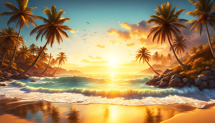 Fototapeta na wymiar Abendrot oder Sonnenaufgang am Strand mit tropischen Palmen, einem Ozean oder Meer aus türkisen Wasser mit Wellen und einem weiten Himmel mit Sonne Wolken in bunten Farben schöner Urlaub Insel Küste