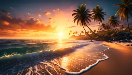 Deurstickers Abendrot oder Sonnenaufgang am Strand mit tropischen Palmen, einem Ozean oder Meer aus türkisen Wasser mit Wellen und einem weiten Himmel mit Sonne Wolken in bunten Farben schöner Urlaub Insel Küste © www.barfuss-junge.de