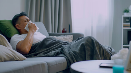 Fototapeta premium man lying on a couch, blowing his nose with a tissue, appearing to be ill