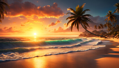 Fototapeta na wymiar Abendrot oder Sonnenaufgang am Strand mit tropischen Palmen, einem Ozean oder Meer aus türkisen Wasser mit Wellen und einem weiten Himmel mit Sonne Wolken in bunten Farben schöner Urlaub Insel Küste