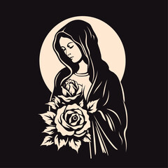 Our Lady Virgin Mary Mother of Jesus, Holy Mary, madonna with roses, vector illustration, black and beige, printable, suitable for logo, sign, tattoo, laser cutting, sticker