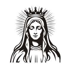 Our Lady Virgin Mary Mother of Jesus, Holy Mary, madonna, vector illustration, black on white background, printable, suitable for logo, sign, tattoo, laser cutting, sticker and other print on demand	