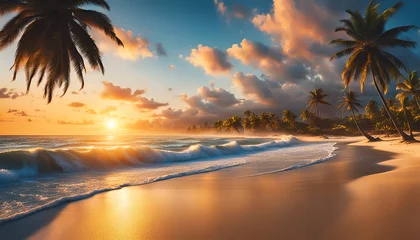 Gordijnen Abendrot oder Sonnenaufgang am Strand mit tropischen Palmen, einem Ozean oder Meer aus türkisen Wasser mit Wellen und einem weiten Himmel mit Sonne Wolken in bunten Farben schöner Urlaub Insel Küste © www.barfuss-junge.de