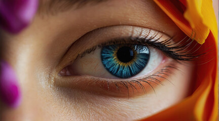 Fototapeta premium Close-up of a woman's eye and flowers as a postcard dedicated to International Women's Day. Concept March 8th.