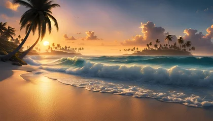 Fototapeten Abendrot oder Sonnenaufgang am Strand mit tropischen Palmen, einem Ozean oder Meer aus türkisen Wasser mit Wellen und einem weiten Himmel mit Sonne Wolken in bunten Farben schöner Urlaub Insel Küste © www.barfuss-junge.de
