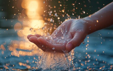 A person of multiple ethnicities stands in the water, extending their hand out towards the surface. The water ripples around their hand as they make contact with it - Powered by Adobe