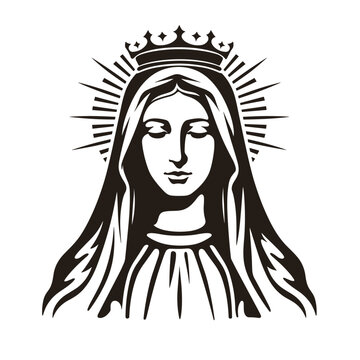 recommend clip art: Our Lady Virgin Mary Mother of Jesus, Holy Mary, madonna, vector illustration, black on white background, printable, suitable for logo, sign, tattoo, laser cutting, sticker and other print on demand	
