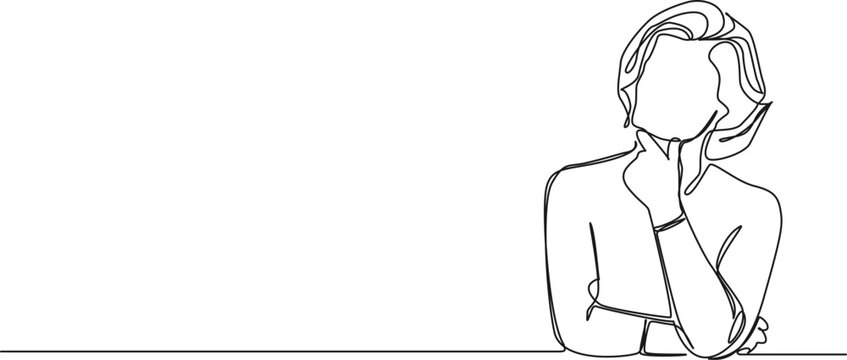 continuous single line drawing of thoughtful woman with hand on chin, line art vector illustration