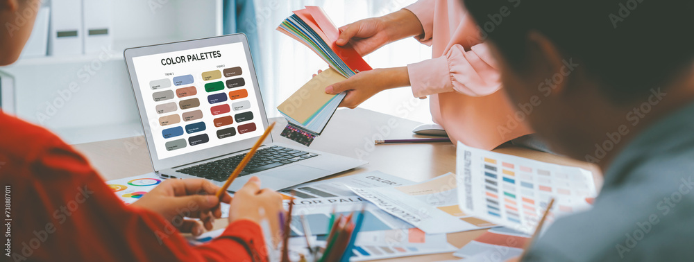 Poster a portrait of creativity graphic designer team select appropriate color for the project by using lap