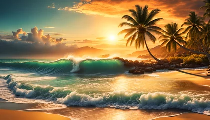 Foto auf Acrylglas Abendrot oder Sonnenaufgang am Strand mit tropischen Palmen, einem Ozean oder Meer aus türkisen Wasser mit Wellen und einem weiten Himmel mit Sonne Wolken in bunten Farben schöner Urlaub Insel Küste © www.barfuss-junge.de