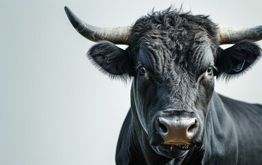 Naklejka premium This photo captures a detailed close-up of a black bull with imposing horns. The bulls powerful presence is highlighted as it stares directly at the camera, showcasing its strength and intensity