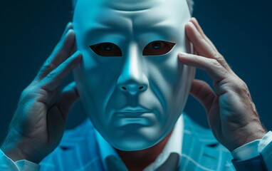 A photo of a multiracial man wearing a white mask and holding his hands over his ears, possibly reacting to loud noise or distressing sounds