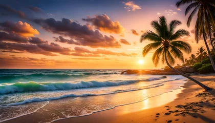 Zelfklevend Fotobehang Abendrot oder Sonnenaufgang am Strand mit tropischen Palmen, einem Ozean oder Meer aus türkisen Wasser mit Wellen und einem weiten Himmel mit Sonne Wolken in bunten Farben schöner Urlaub Insel Küste © www.barfuss-junge.de
