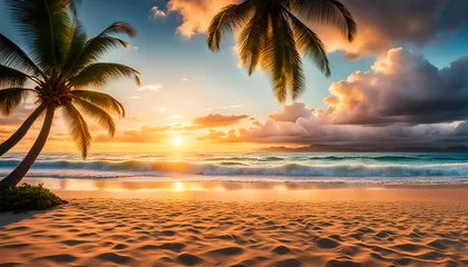Tuinposter Abendrot oder Sonnenaufgang am Strand mit tropischen Palmen, einem Ozean oder Meer aus türkisen Wasser mit Wellen und einem weiten Himmel mit Sonne Wolken in bunten Farben schöner Urlaub Insel Küste © www.barfuss-junge.de