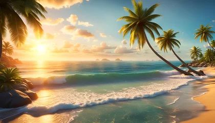 Foto op Aluminium Abendrot oder Sonnenaufgang am Strand mit tropischen Palmen, einem Ozean oder Meer aus türkisen Wasser mit Wellen und einem weiten Himmel mit Sonne Wolken in bunten Farben schöner Urlaub Insel Küste © www.barfuss-junge.de